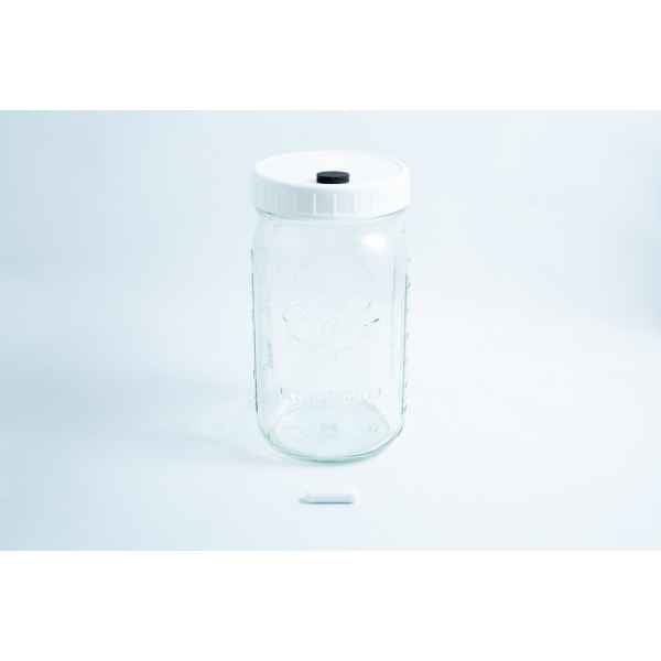 1L Mycology Ball mason jar with injection port and air vent, genuine and autoclavable, features a white lid and a small white cylindrical object in front, displayed on a white background.