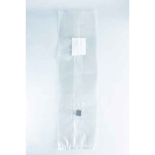 A clear plastic Mushroom Grow Bag Unicorn for spawn and substrate, featuring two small compartments with items inside, is displayed on a white background.