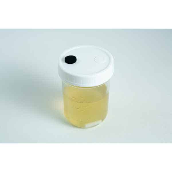 The Uncolonised Liquid Culture Jar with nutrient and magnetic stirrer (collection only) features a clear container of yellow liquid, white lid, and black-and-white circular stickers—perfect for storing uncolonised cultures with stirring capability.