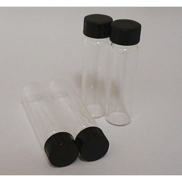 Ten empty 50ml Clear Borosilicate Reagent Lab Glass bottles with black screw caps, arranged with some standing upright and some lying down.