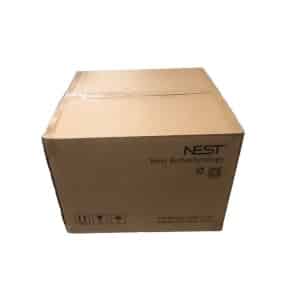 A closed cardboard shipping box labelled Nest Biotechnology with contact info and handling symbols.