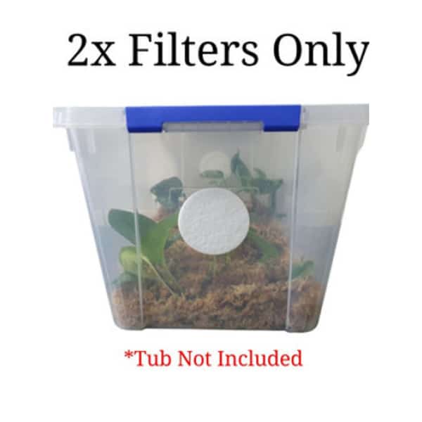 Monotub air filters for mushroom and plant growing, set of 2 white round filters shown on a clear plastic tub with plants. Text: Tub Not Included.