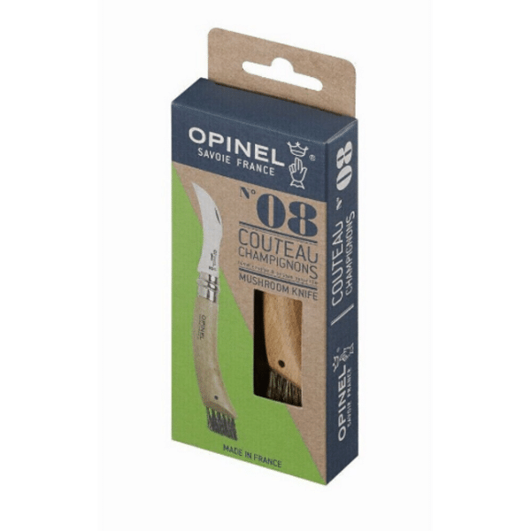 Opinel No 8 Folding Mushroom Knife with beech handle and stainless steel blade in packaging; features a brush and is labelled "Made in France.