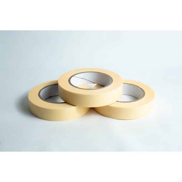 Three rolls of autoclave sterilisation indicator tape 25mm x 50m are arranged in a triangle on a white surface.