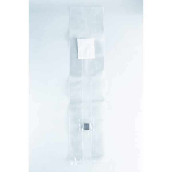 The Mushroom Grow Bags Unicorn for spawn and substrate is a clear plastic bag with a white label and a small dark square inside, perfect for mushroom cultivation, shown on a white background.