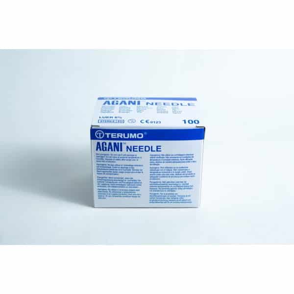 A box of sterile 18G hypodermic needles, whole box of 100pcs, featuring product details and blue text on a white background.