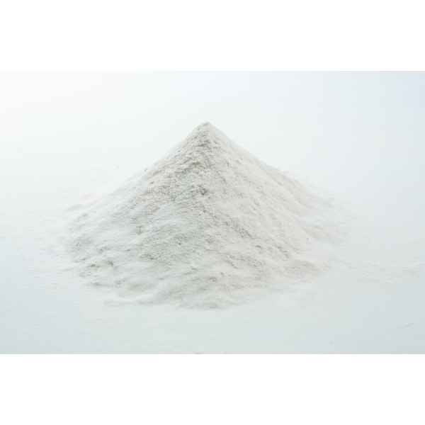 A small mound of fine white powder on a plain white surface, resembling Agar Mix MYAG Antibacterial Malt Extract Yeast used for culturing microbes.