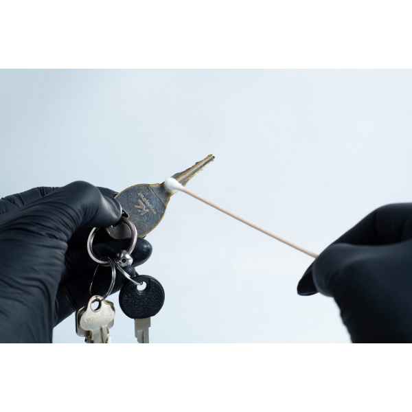 Gloved hands clean a house key with a cotton bud against a plain light background, just like using the Agar petri dish MEA School Science Fun Project Kit for school experiments or science fun activities.
