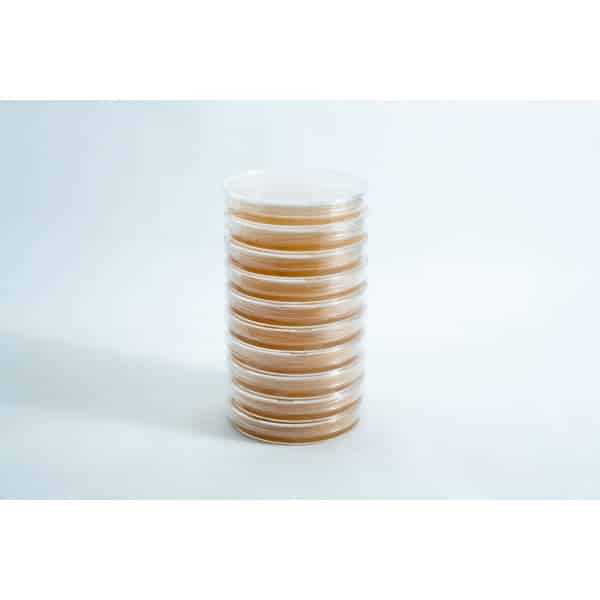 A stack of nine Pre-poured MEAG Agar Plates (Antibacterial) 90mm, each filled with light brown agar, is arranged on a plain white background.