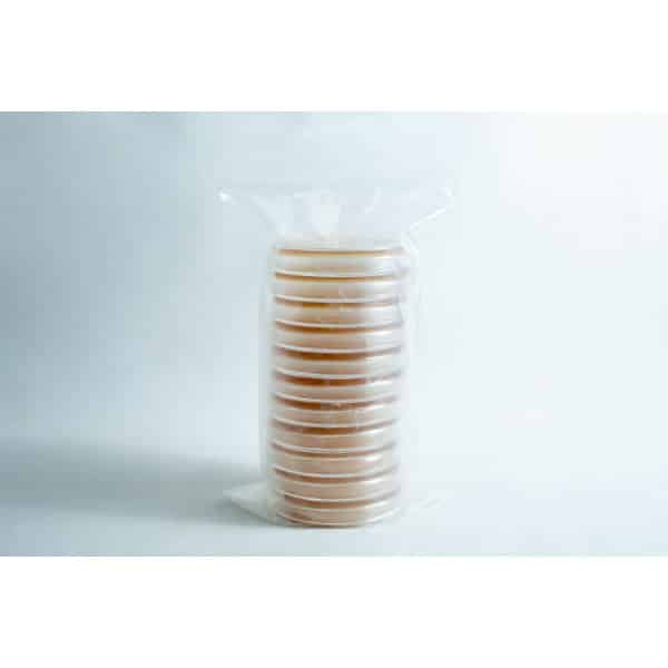 A stack of sealed Pre-poured MEAG Agar Plates (Antibacterial) 90mm, filled with agar and wrapped in clear plastic, displayed on a white background.