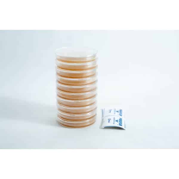 A stack of pre-poured MEAG agar plates (antibacterial) 90mm is placed next to two small packets on a white background.