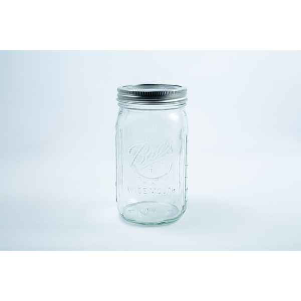 Clear 1 Litre Ball mason jar with metal lid, shown on a white background—ideal for safe, versatile storage; part of a 12-pack set for preserving and autoclavable use.