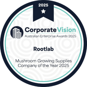 Badge: Rootlab, Mushroom Growing Supplies Company of the Year 2025, Corporate Vision Australian Awards.