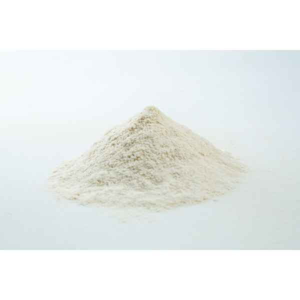 A small mound of white powder, likely the Agar Mix MYAG Antibacterial Malt Extract Yeast, on a plain white surface.