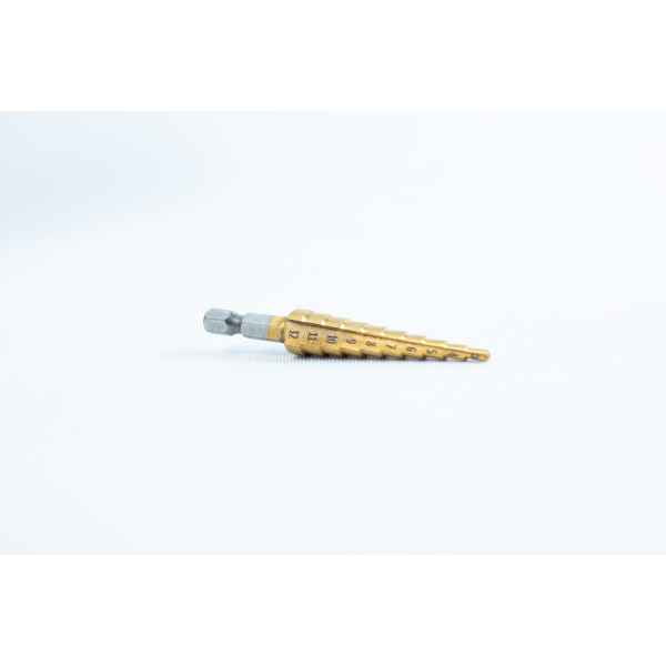 A Drill Bit for holes size 3mm–12mm, Titanium Coated with size markings, is shown lying on a plain white background.