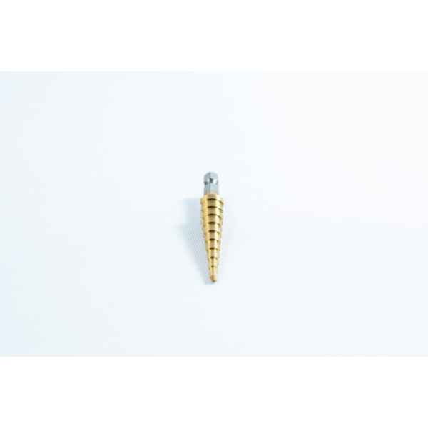 The "Drill Bit for holes size 3mm-12mm Titanium Coated" features a gold step design and silver shank, shown on a white background.