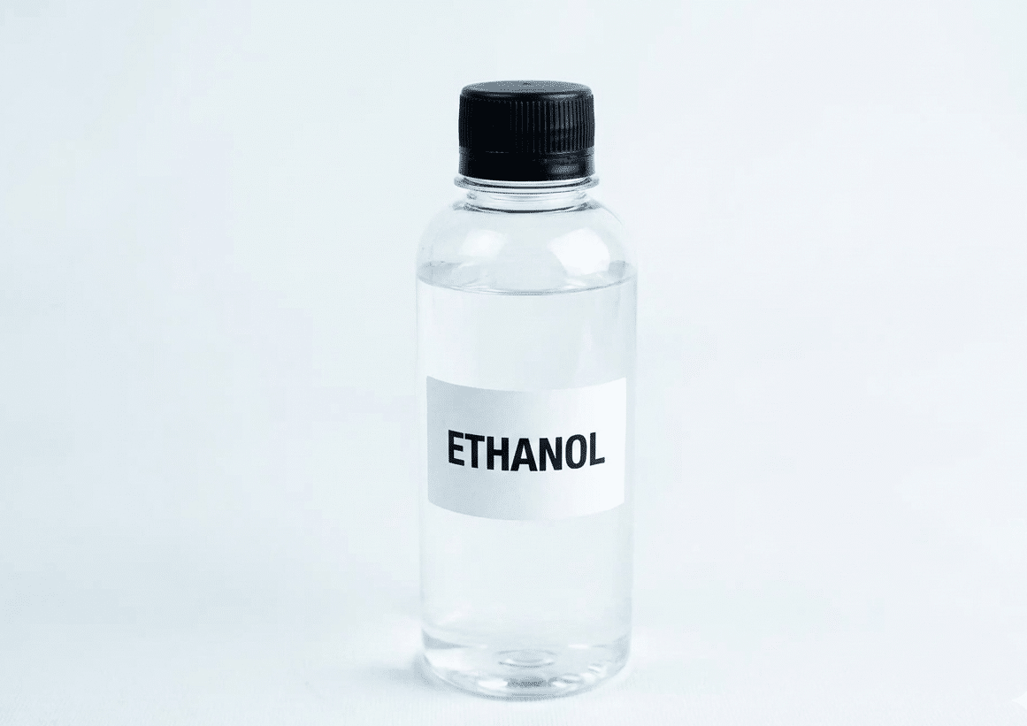 Lamp Spirit glass alcohol burner 150ml 4 A clear plastic bottle with a black cap labelled ETHANOL, ideal for refilling your glass alcohol burner or lamp spirit, set against a plain white background.