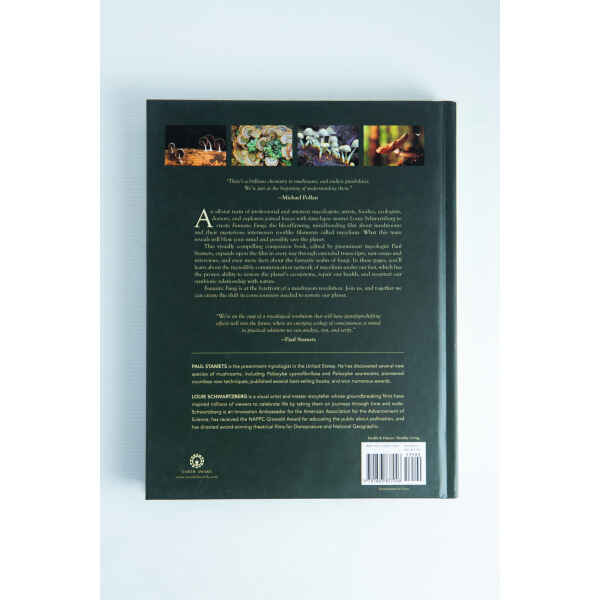 Back cover of "Fantastic Fungi" by Louie Schwartzberg, featuring top mushroom images and a barcode at the bottom right—a perfect fit for mushroom book enthusiasts.