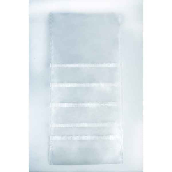 A clear plastic sheet with six horizontal pockets, ideal for organising your Mushroom Grow Bags Unicorn for spawn and substrate, set against a white background.
