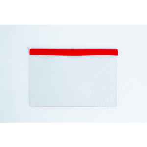 A transparent pocket with a red top edge on a white textured background is perfect for storing the Glass Spore Print Slides booklet (12.8cm x 8.5cm x 1mm) to safely preserve spore prints.