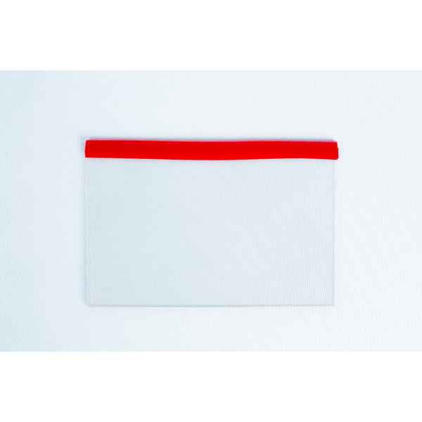 A transparent pocket with a red top edge on a white textured background is perfect for storing the Glass Spore Print Slides booklet (12.8cm x 8.5cm x 1mm) to safely preserve spore prints.
