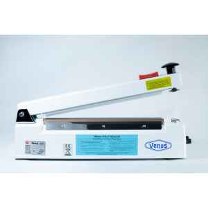 A white Heat Sealer 30cm with 5mm seal width, cutter, magnet, lever handle, and an instruction label on the side.