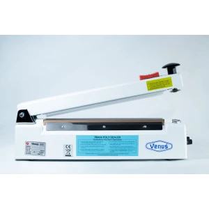 A white Heat Sealer 30cm with 5mm seal width, cutter, magnet, lever handle, and an instruction label on the side.