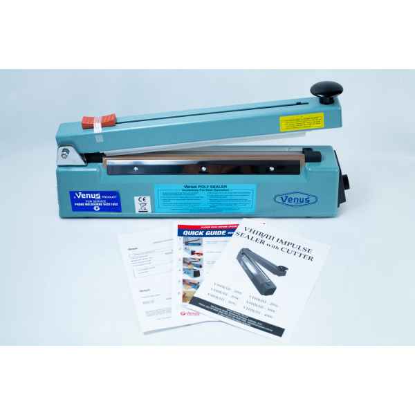 Heat Sealer 30cm Seal Width 5mm with cutter, shown together with instruction manuals and quick guide sheets for easy set-up.