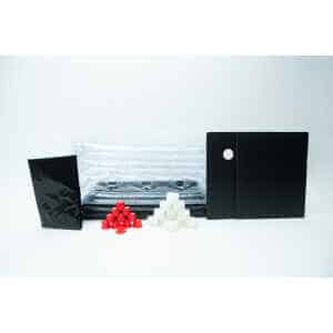 Assorted black, red, and white plastic parts and sheets arranged on a white background—perfect components for assembling your Inflatable monotub kit for Growing mushrooms – Boomer Shroomer V 2.0.