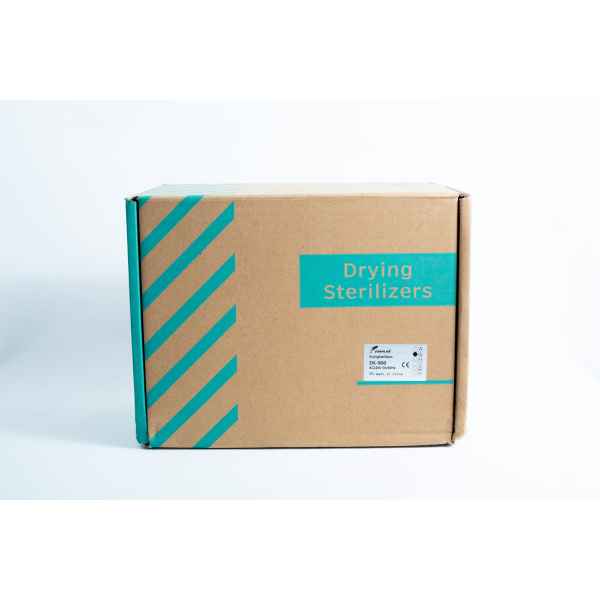 A cardboard box with teal diagonal stripes on white, labelled Infrared Steriliser Bacti Cinerator Lab tool, designed for storing lab steriliser units.