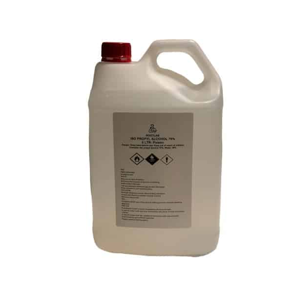 Isopropyl alcohol 70% - 5 Litre (Collection only) container with a red cap and warning labels on the front.