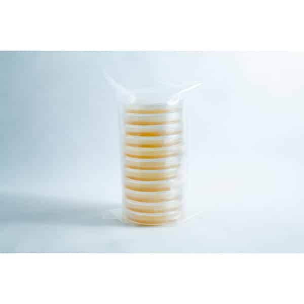 A stack of pre-poured MEA plates petri dish 90 mm, filled with yellow agar and wrapped in clear plastic, displayed on a white background.