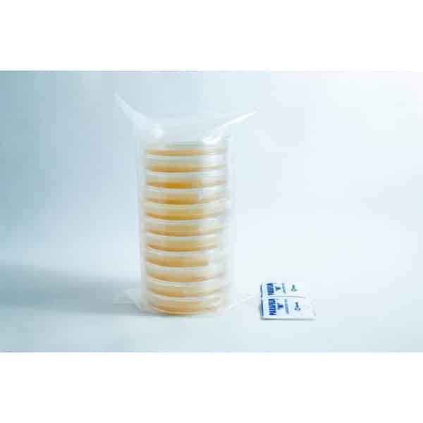 A stack of Pre-poured MEA plates Petri dish 90 mm sits next to two sterile alcohol prep pads on a white background.