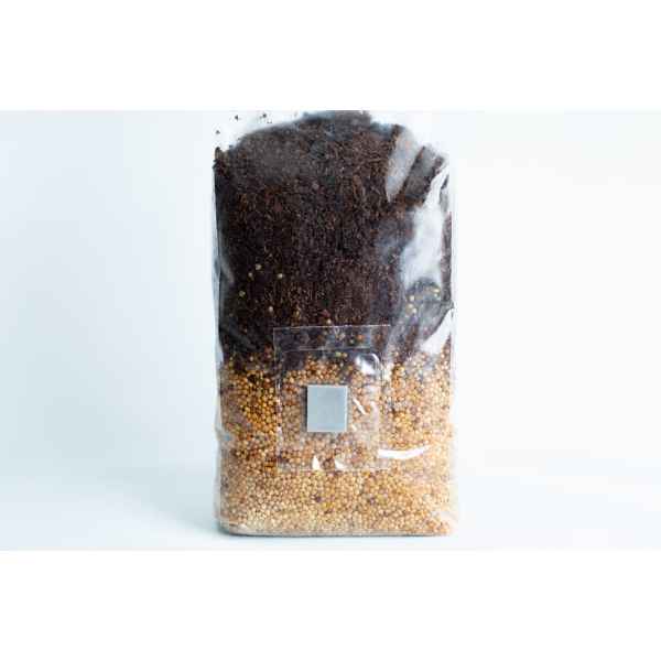 The Masters Mix + Millet All in One Mushroom 1kg Bag features dark nutrient-rich soil layered over light-coloured millet, perfect for optimal mushroom growth.