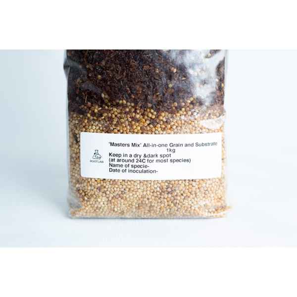 Masters Mix + Millet All-in-one Mushroom 1kg Bag: Clear plastic bag with a white label containing storage and inoculation instructions, filled with a blend of grain and substrate.