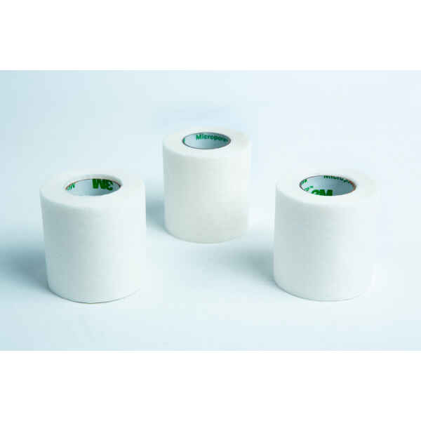 Three rolls of Micropore tape Mycology autoclavable breathable stand upright on a white surface, highlighting the gentle, secure, and breathable medical tape suitable for mycology and sterilisation needs.