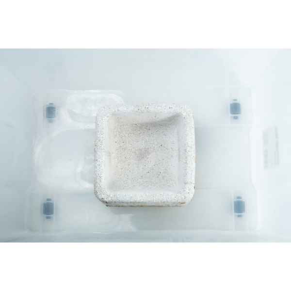 The Mycelium Mould Growth Form - Plant Pot Heavy Duty (Reusable) features a white, square ceramic dish inside a translucent plastic container, designed to resemble a plant pot mould growth form.