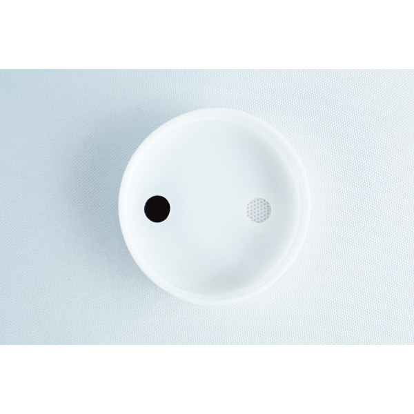 The Self-healing injection port & Air Vent Filter-3M, featuring a white dish with a solid black dot and small perforated circle, is shown on a textured white background.