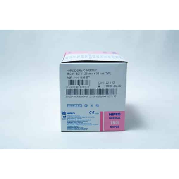 Sterile 18G hypodermic needles whole box 100pcs, with product details and barcodes visible—perfect choice for anyone needing reliable 18G needle options.