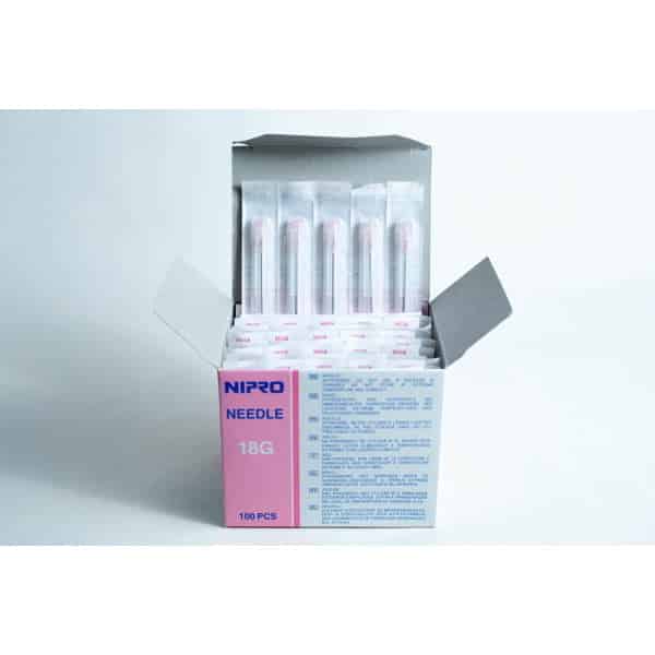 Sterile 18G hypodermic needles whole box 100pcs—each needle individually wrapped in plastic. Ideal for medical or laboratory use when you need reliable 18G needle supplies.