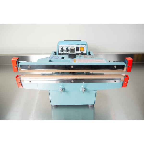 The Heat Sealer 450mm with 10mm Seal | Benchtop Model features a blue body, control panel, and orange clamps on a metal surface, offering efficient industrial sealing with its 450mm heat sealer.