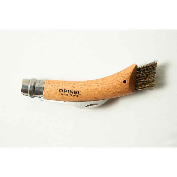 Opinel No 8 Folding Mushroom Knife with a beech handle and stainless steel blade, shown on a white background.