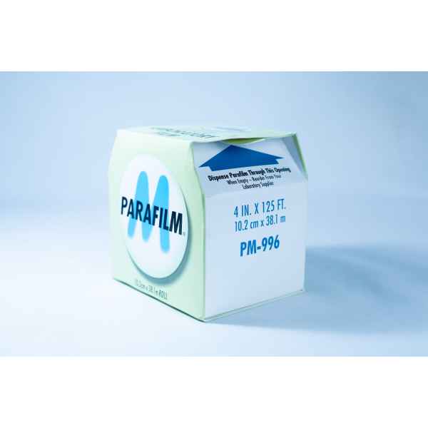 A box of Parafilm Lab sealing film, 4 in. x 125 ft., is placed on a light blue background.