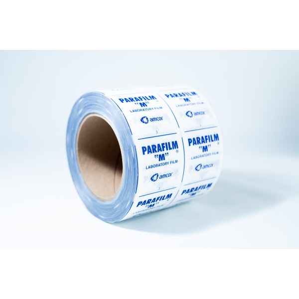 A roll of Parafilm Lab sealing film with blue text on a white background is placed on a white surface.
