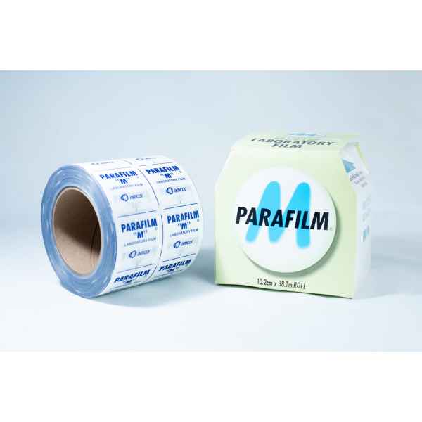 A roll of Parafilm Lab sealing film is placed next to its packaging box on a white surface.