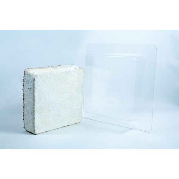 A square, white, textured Mycelium Mould Growth Form - Plant Pot Heavy Duty (Reusable) stands beside a clear plastic tray on a plain white background.