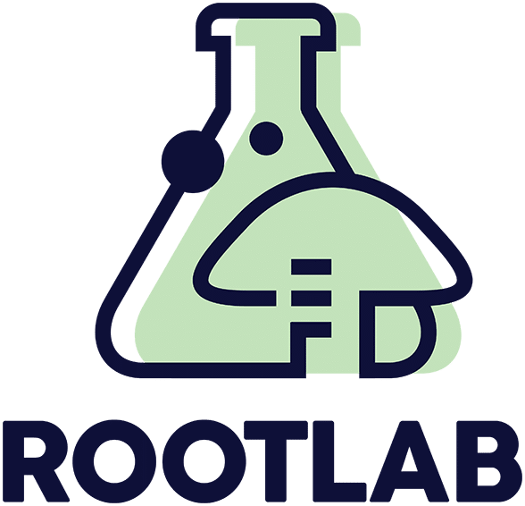 A green lab flask and mushroom icon above the text ROOTLAB in bold, dark letters.