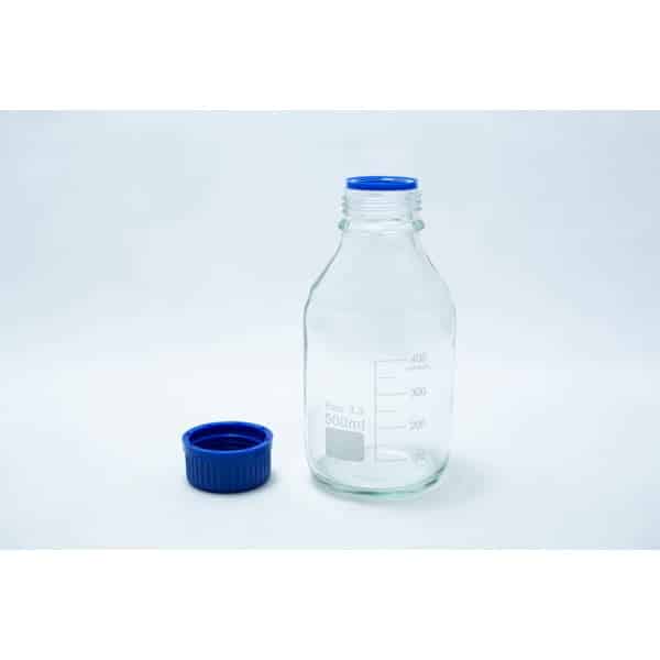 Reagent bottle 500ml with clear glass and blue cap, shown on a white background.