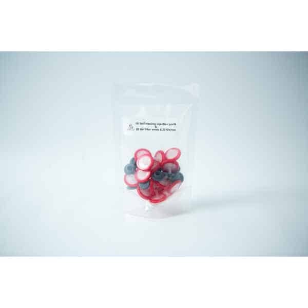 A clear bag with Rubber Self-Healing Injection Ports and PTFE Syringe Filters for Mycology, plus air filter vents, shown on a plain background.