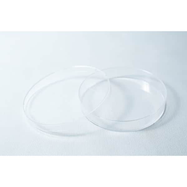 A sterile 90mm Petri dish with 3 vents and a slightly open lid, gamma irradiated, rests empty on a white surface.